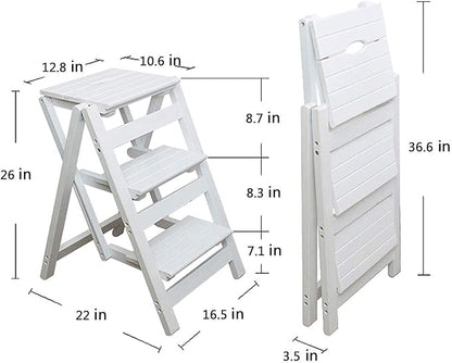 KINGBO Step Stool for Adults/Step Ladder/Counter Chair, 3-Step Folding Portable Wooden Step Stool, Anti-Slip & Lightweight (White)