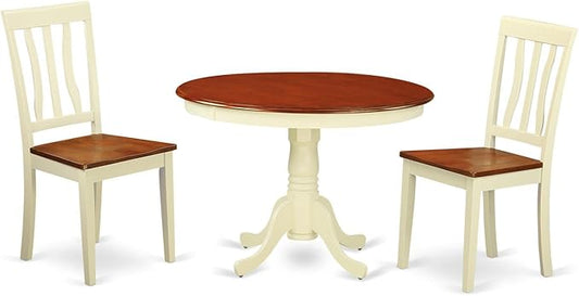 East West Furniture HLAN3-BMK-W 3 Piece Kitchen Table & Chairs Set Contains a Round Dining Room Table with Pedestal and 2 Dining Chairs, 42x42 Inch, Buttermilk & Cherry