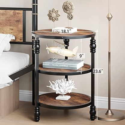 GarveeHome Round End Table with Storage Shelves, 3-Tier Round Farmhouse Side Table w/Mental Support Legs, Rustic End Table Accent Nighstands for Living Room Bedroom (B, Rustic Brown)