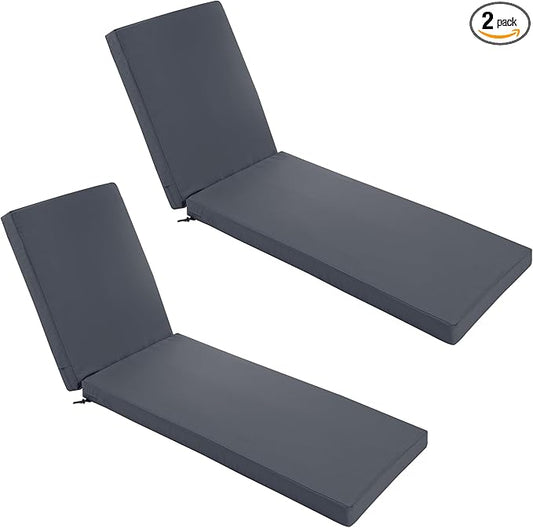 Chaise Lounge Cushions Outdoor Set of 2 - Waterproof and Fade Resistant Sun Lounger Replacement Cushions - Patio Lounger Pads with Removable Cover for Pool, Deck, 80 x 26 x 3 Inch, Dark Grey