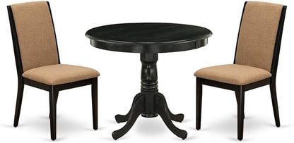 East West Furniture ANLA3-ABK-47 3 Piece Dining Room Furniture Set Contains a Round Kitchen Table with Pedestal and 2 Light Sable Linen Fabric Parson Dining Chairs, 36x36 Inch, Wirebrushed Black