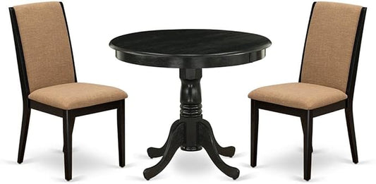 East West Furniture ANLA3-ABK-47 3 Piece Dining Room Furniture Set Contains a Round Kitchen Table with Pedestal and 2 Light Sable Linen Fabric Parson Dining Chairs, 36x36 Inch, Wirebrushed Black