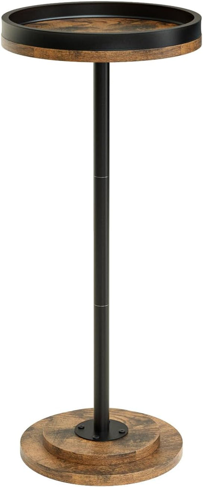 Masupu Drink Table, Round Side Table for Small Spaces, Pedestal Small End Table with Metal Base, for Living Room, Bedroom, Bathroom, Rustic Brown+Black(Lip)