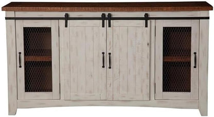 Martin Svensson Home Rustic 65” Solid Wood TV Stand with Storage, White and Aged Distressed Pine