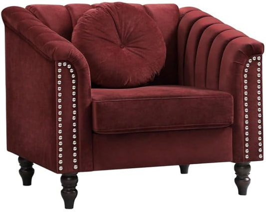 Accent Chair, Single Couch Chair with Style Button Tufted, Scroll Arms and Nailhead for Living Room, Office, Apartment-Red