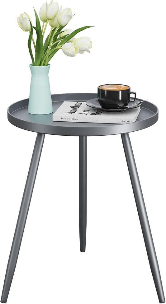 Apicizon 16" Round Side Table, Black End Table for Living Room, Bedside, Mid Century Modern Coffee or Circle Accent Table for Small Spaces, Metal Nightstand (Grey)