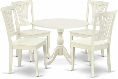 East West Furniture DMAV5-LWH-W 5 Piece Modern Dining Table Set Includes a Round Wooden Table with Dropleaf and 4 Dining Chairs, 42x42 Inch, Linen White