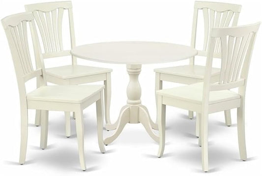 East West Furniture DMAV5-LWH-W 5 Piece Modern Dining Table Set Includes a Round Wooden Table with Dropleaf and 4 Dining Chairs, 42x42 Inch, Linen White