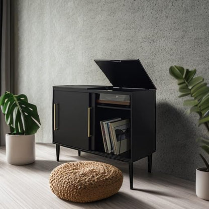 Crosley Furniture Everett Media Console and Record Player Stand with Storage for Vinyl Records, Matte Black