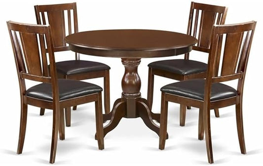 East West Furniture HBDU5-MAH-C 5 Piece Modern Dining Table Set Includes a Round Wooden Table with Pedestal and 4 Linen Fabric Dining Room Chairs, 42x42 Inch, Mahogany