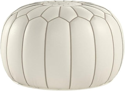 Stuffed Round Design Moroccan Leather Pouf Ottoman, Handmade, Pre-Filled, 100% Genuine Leather, 13” Height x 20” Diameter, Footstool & Living Room Décor (White with Grey Stitches)