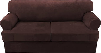 H.VERSAILTEX Sofa Cover 3 Piece T Cushion Sofa Slipcovers Thick Velvet Couch Cover Furniture Protector Stretch T Cushion Sofa Covers for 2 Cushion Couch with 2 T Cushion Covers Washable, Brown