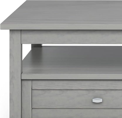 SIMPLIHOME Warm Shaker Coffee Table - 48 inch Wide Solid Wood Cocktail Table in Fog Grey, Transitional Living Room Table with 2 Storage Drawers and Open Shelf for Sitting Area or Lounge