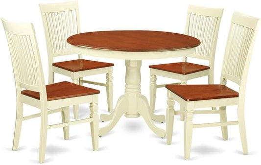 East West Furniture HLWE5-BMK-W 5 Piece Dining Room Table Set Includes a Round Kitchen Table with Pedestal and 4 Dining Chairs, 42x42 Inch, Buttermilk & Cherry