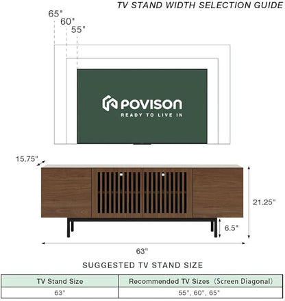 POVISON Fully-Assembled Mid Century Modern Sintered Stone TV Stand, Slatted Media Console TV Cabinet with Tall-cast Metal Legs, Fluted Entertainment Center with Storage (Walnut, 62.99")