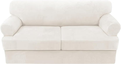 H.VERSAILTEX Sofa Cover 3 Piece T Cushion Loveseat Slipcovers Thick Velvet Couch Cover Stretch T Cushion Sofa Covers for 2 Cushion Couch with 2 Individual T Cushion Covers, Porcelain
