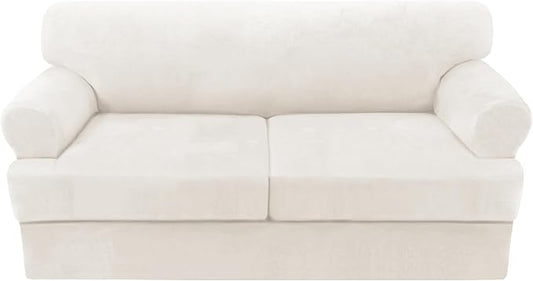 H.VERSAILTEX Sofa Cover 3 Piece T Cushion Sofa Slipcovers Thick Velvet Couch Cover Stretch T Cushion Sofa Covers for 2 Cushion Couch with 2 Individual T Cushion Covers, Porcelain
