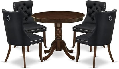 East West Furniture ANDA5-AWA-12 5 Piece Kitchen Table Set Includes a Round Dining Table with Pedestal and 4 Polyester Fabric Upholstered Parson Chairs, 36x36 Inch, Antique Walnut