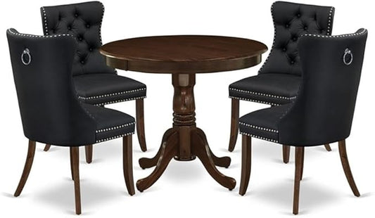 East West Furniture ANDA5-AWA-12 5 Piece Kitchen Table Set Includes a Round Dining Table with Pedestal and 4 Polyester Fabric Upholstered Parson Chairs, 36x36 Inch, Antique Walnut