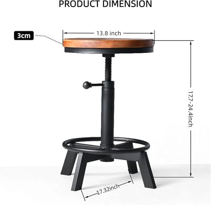 Set of 2-Industrial Bar Stool-Counter Height Chairs- Swivel Wooden Seat- Adjustable 17.7-24inch