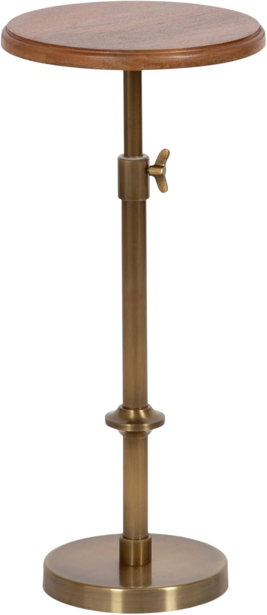 Kate and Laurel Engles Modern Adjustable-Height Pedestal Drink Table; 10 x 10 x 30; Walnut Brown and Brass; Mid-Century Round Indoor Metal Plant Stand with Solid Wood Tabletop