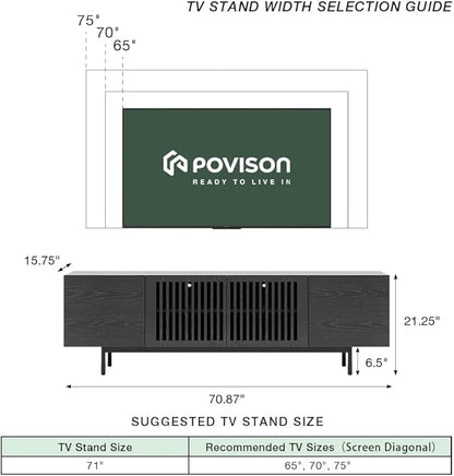 POVISON Mid Century Modern Sintered Stone TV Stand, Slatted Media Console TV Cabinet with Tall-cast Metal Legs, Fluted Entertainment Center with Storage, Fully-Assembled (Black, 70.87")