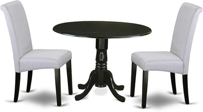 East West Furniture DLBA3-BLK-05 3 Piece Kitchen Table & Chairs Set Contains a Round Dining Room Table with Dropleaf and 2 Grey Linen Fabric Parsons Dining Chairs, 42x42 Inch, Black