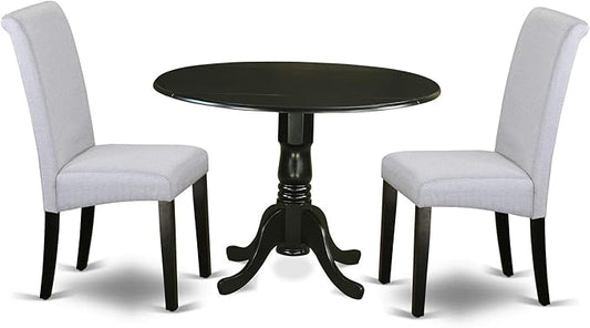 East West Furniture DLBA3-BLK-05 3 Piece Kitchen Table & Chairs Set Contains a Round Dining Room Table with Dropleaf and 2 Grey Linen Fabric Parsons Dining Chairs, 42x42 Inch, Black