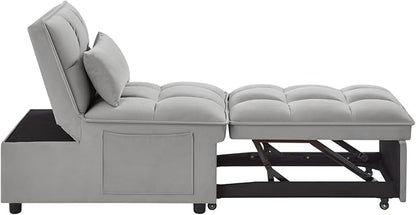 KEIKI Velvet Single Convertible Sleeper Chair Sofa Bed with Adjustable Backrest, Pillows & Storage Pockets, 3 in 1 Pull-Out Couch Chaise Lounge Recliner for Living Room Balcony Bedroom, Grey