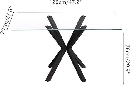 Tempered Glass Dining Table for 4, 48 Inch Rectangular Kitchen Table with Black Metal Legs Modern Style Dinner Table for Dining Room Kitchen