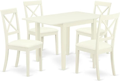 East West Furniture NDBO5-LWH-LC 5 Piece Dinette Set for 4 Includes a Rectangle Dining Room Table with Dropleaf and 4 Faux Leather Kitchen Dining Chairs, 30x48 Inch, Linen White