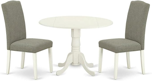 East West Furniture DLEN3-LWH-06 3 Piece Modern Dining Table Set Contains a Round Wooden Table with Dropleaf and 2 Dark Shitake Linen Fabric Parson Dining Chairs, 42x42 Inch, Linen White