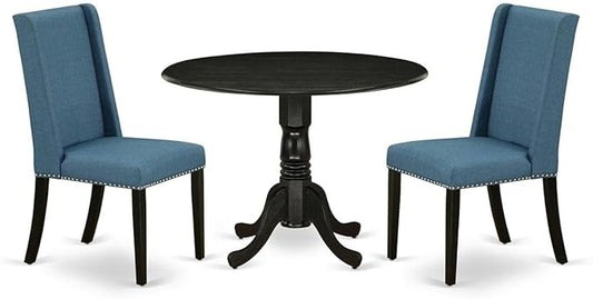 East West Furniture DLFL3-BLK-21 3 Piece Kitchen Table Set Contains a Round Dining Room Table with Dropleaf and 2 Blue Linen Fabric Upholstered Chairs, 42x42 Inch, Black
