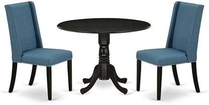 East West Furniture DLFL3-ABK-21 3 Piece Dining Room Table Set Contains a Round Kitchen Table with Dropleaf and 2 Blue Linen Fabric Parsons Dining Chairs, 42x42 Inch, Wirebrushed Black