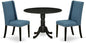 East West Furniture DLFL3-ABK-21 3 Piece Dining Room Table Set Contains a Round Kitchen Table with Dropleaf and 2 Blue Linen Fabric Parsons Dining Chairs, 42x42 Inch, Wirebrushed Black