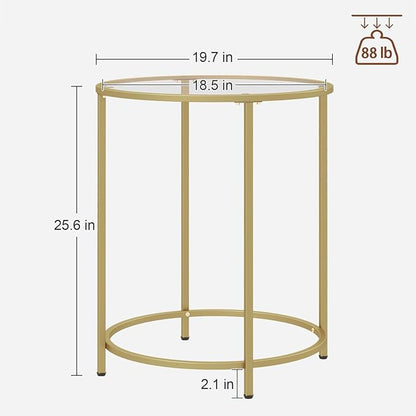 19.7’’ Round Glass End Table, Round Bedside Table with Tempered Glass Top, Gold Glass Side Table with Metal Frame, Modern Round End Table for Living Room Balcony Bedroom Porch Patio