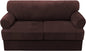 H.VERSAILTEX Sofa Cover 3 Piece T Cushion Loveseat Slipcovers Thick Velvet Couch Cover Furniture Protector Stretch T Cushion Sofa Covers for 2 Cushion Couch with 2 T Cushion Covers Washable, Brown