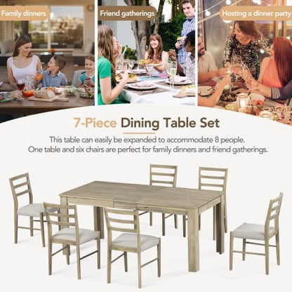 SogesHome 7-Piece Dining Table Set for 6-8 People, Extendable Solid Rubber Wood Kitchen Table with Leaf & 2 Storage Drawers, Chairs with Soft Cushion, Perfect for Kitchen, Dining Room (Natural)