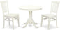 East West Furniture ANGR3-LWH-W 3 Piece Kitchen Table & Chairs Set Contains a Round Dining Room Table with Pedestal and 2 Solid Wood Seat Chairs, 36x36 Inch, Linen White