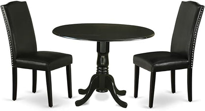 East West Furniture DLEN3-BLK-69 3 Piece Dining Room Furniture Set Contains a Round Dining Table with Dropleaf and 2 Black Faux Leather Upholstered Chairs, 42x42 Inch, Black