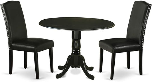 East West Furniture DLEN3-BLK-69 3 Piece Dining Room Furniture Set Contains a Round Dining Table with Dropleaf and 2 Black Faux Leather Upholstered Chairs, 42x42 Inch, Black