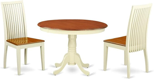 East West Furniture HLIP3-BMK-W 3 Piece Dining Set Contains a Round Dining Room Table with Pedestal and 2 Kitchen Chairs, 42x42 Inch, Buttermilk & Cherry