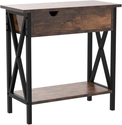 TooCust End Tables Living Room with Charging Station, 11.2" D x 24" W x 24" H, Flip Top Side Table with USB Ports and Outlets, Couch End Tables, Narrow End Table with 5.5" Deep Drawer