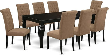 East West Furniture LGBR9-BLK-17 9 Piece Dining Room Table Set Includes a Rectangle Butterfly Leaf Kitchen Table and 8 Light Sable Linen Fabric Upholstered Chairs, 42x84 Inch, Black