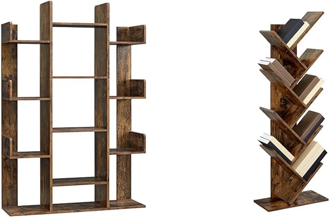 VASAGLE Bookshelf, Tree-Shaped Bookcase with 13 Storage Shelves, Rounded Corners & 9-Tier Floor Standing Tree Bookshelf, with Shelves for Living Room, Home Office, Rustic Brown ULBC11BX