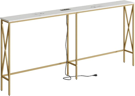 Masupu 70.9" Console Table with Power Outlet, Modern Narrow Long Sofa Table Behind Couch, Skinny Entry Table, Industrial Sofa Table with Metal Frame for Hallway, Living Room, Marble White