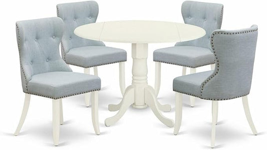 East West Furniture DLSI5-WHI-15 5 Piece Kitchen Table & Chairs Set Includes a Round Dining Room Table with Dropleaf and 4 Baby Blue Linen Fabric Parsons Chairs, 42x42 Inch, Linen White