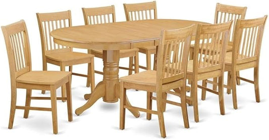 East West Furniture VANO9-OAK-W 9 Piece Kitchen Table Set Includes an Oval Dining Table with Butterfly Leaf and 8 Dining Room Chairs, 40x76 Inch, Oak
