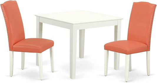 East West Furniture OXEN3-LWH-78 3 Piece Dinette Set for Small Spaces Contains a Square Dining Table and 2 Pink Flamingo Faux Leather Parson Dining Room Chairs, 36x36 Inch, Linen White