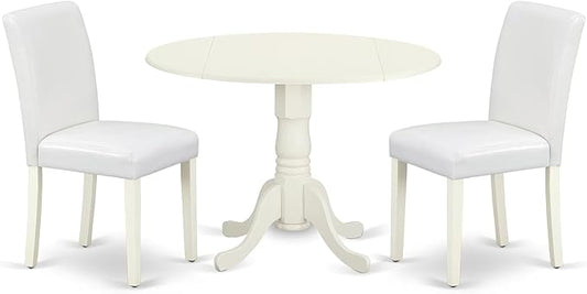 East West Furniture DLAB3-LWH-64 3 Piece Dinette Set for Small Spaces Contains a Round Dining Table with Dropleaf and 2 White Faux Leather Parson Dining Chairs, 42x42 Inch, Linen White